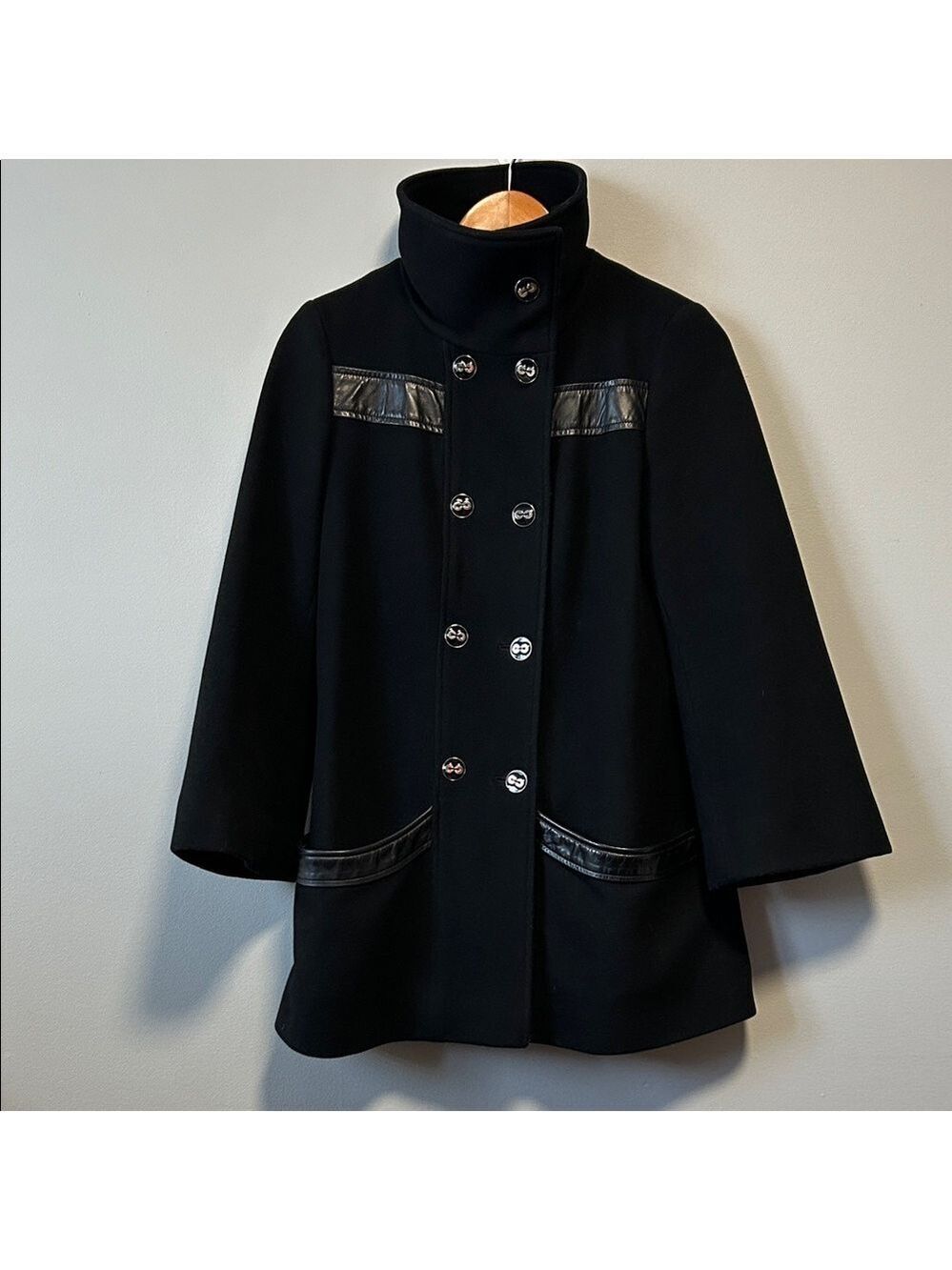 Mackage Black Wool Leather Quiet Luxury Double Breasted Peacoat Small